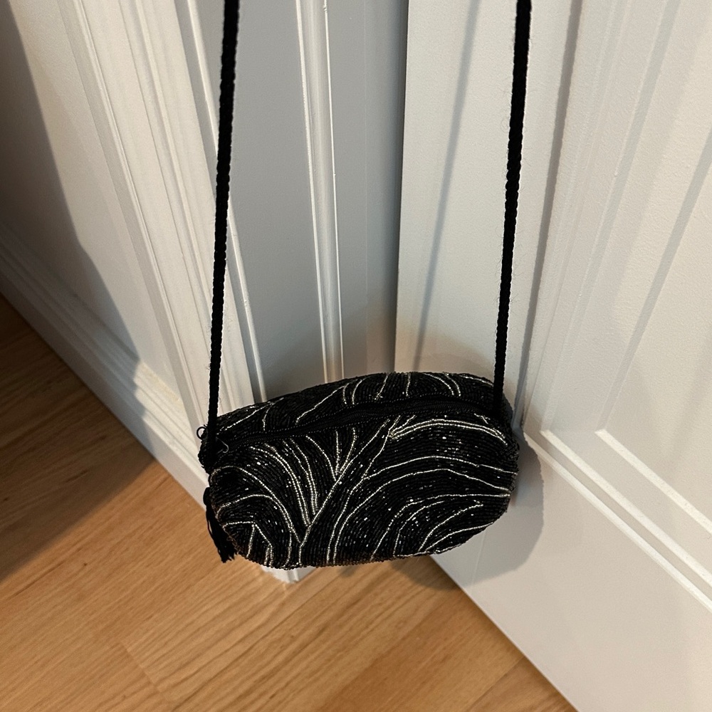 Black and White Beaded Crossbody Bag